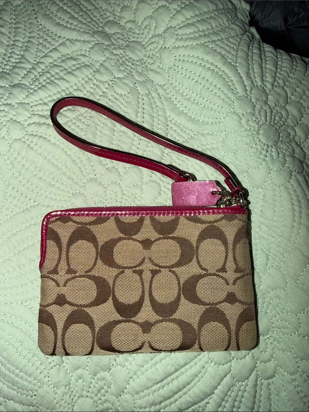 Coach Khaki Canvas Wristlet with Pink Trim